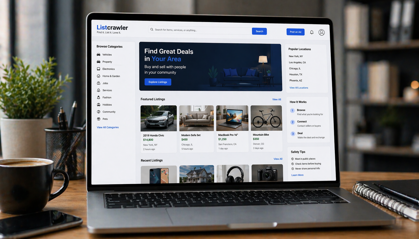 Listcrawler classified listings platform displayed on laptop screen in professional workspace