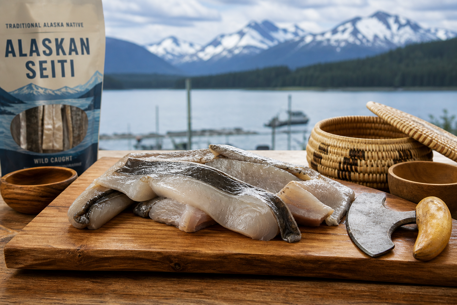 Traditional alaskan seiti preparation showing authentic native Alaskan food delicacy on wooden surface