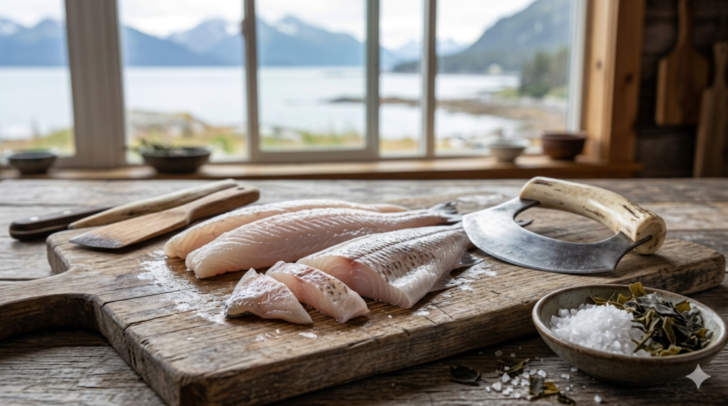 Traditional alaskan seiti preparation showing authentic native Alaskan food delicacy on wooden surface